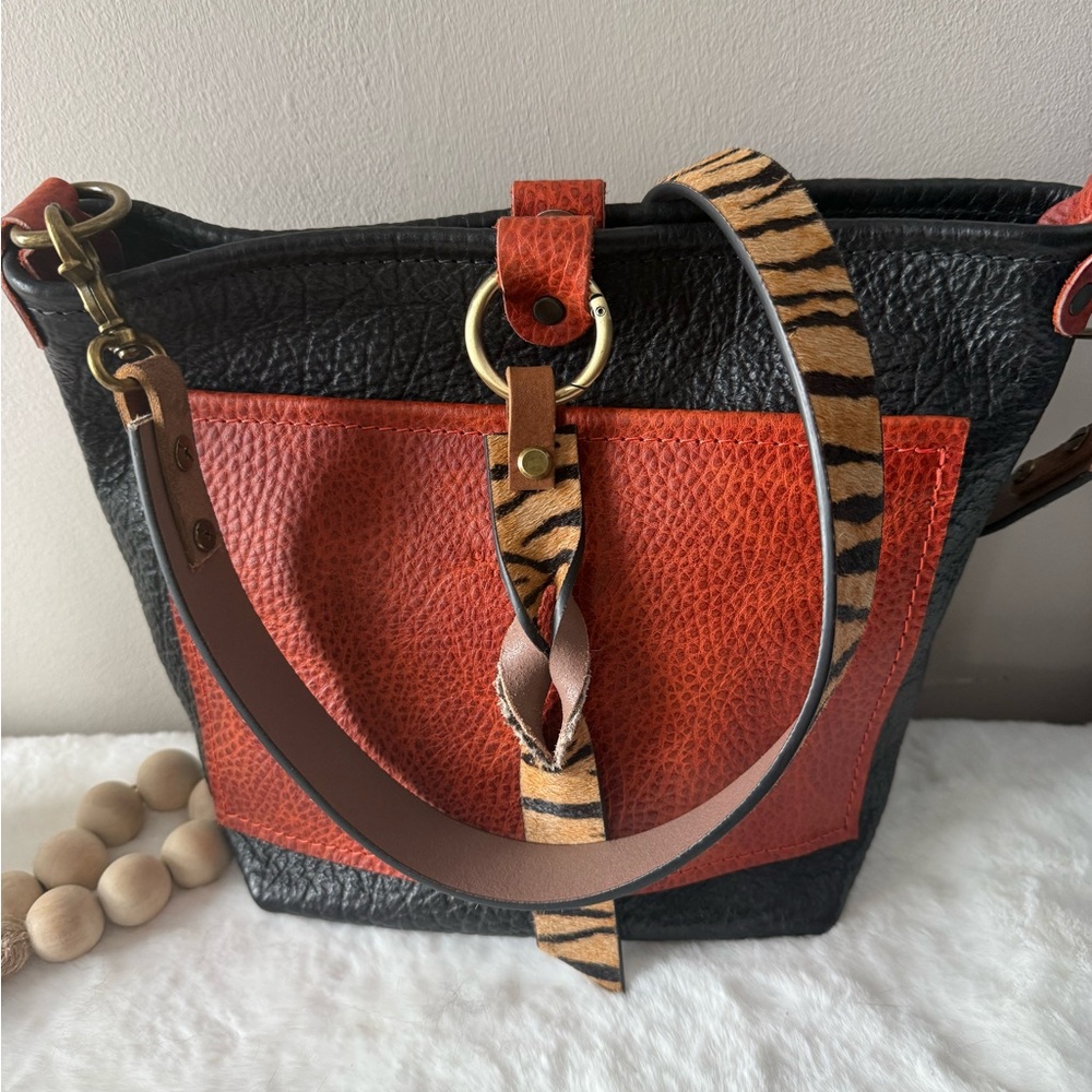 Chandler Leather Black and Sienna Leather Tote & Hair on Hide flair and Strap